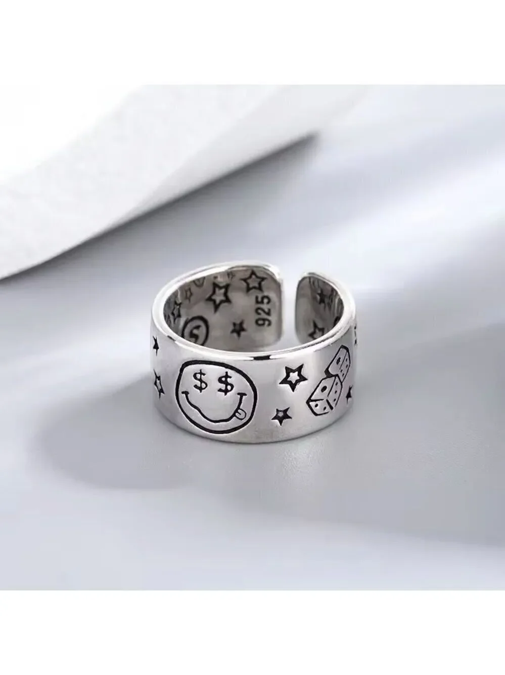 925 Sterling Smiley Happy Money Face Poker Boho Ring (Two Tone) #1381